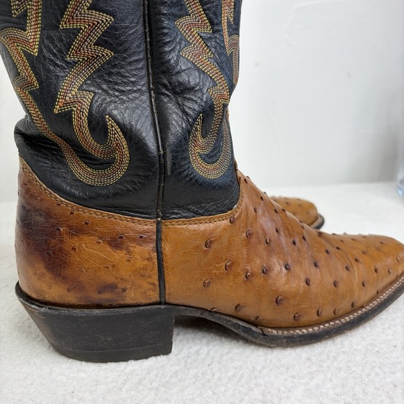 Justin Mens Full Quill Ostrich Western Cowboy Boots Black Brown Square Toe 10.5B - Picture 5 of 13